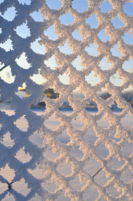 A close-up of a snow-covered fence against a winter sunset in Norway.
