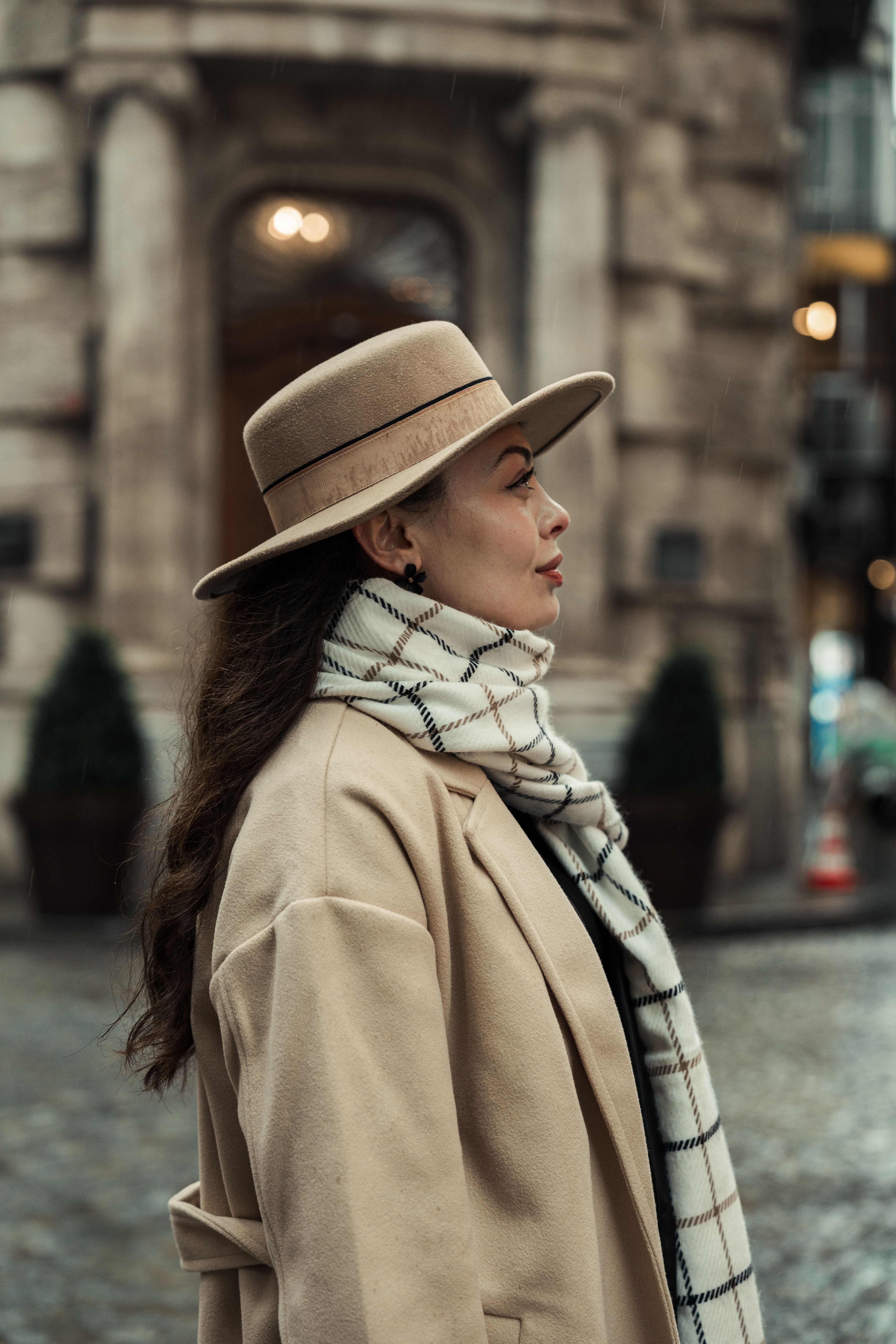 Beanie, big scarf and parka for cold winter days