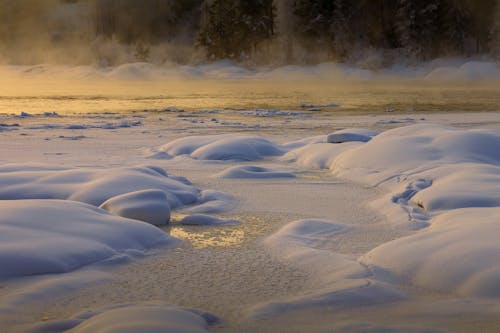 Frozen River in Winter Landscape on Sunset