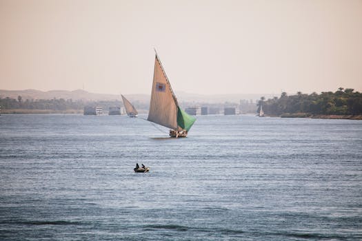 A scenic view of a traditional felucca sailing on the Nile River in Luxor, Egypt, under a clear blue sky.