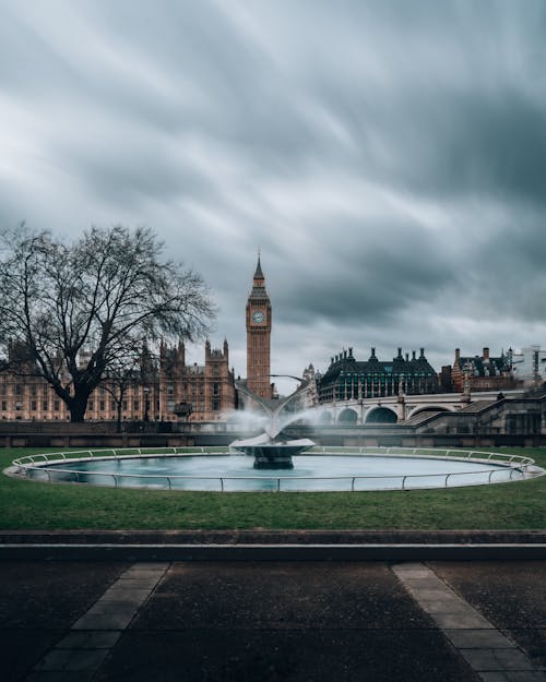 Big Ben behind Fountain in Park in London