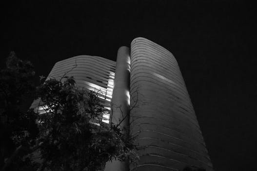 Black and white photo of a modern building at night with trees.