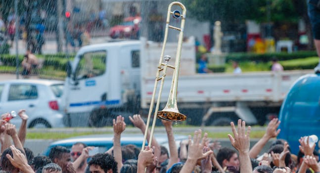 Vibrant scene of a crowd celebrating at an outdoor music festival in the rain.