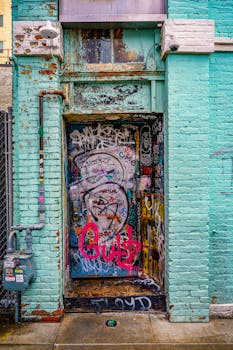 A vibrant graffiti-covered door in Portland showcases urban art and decay.