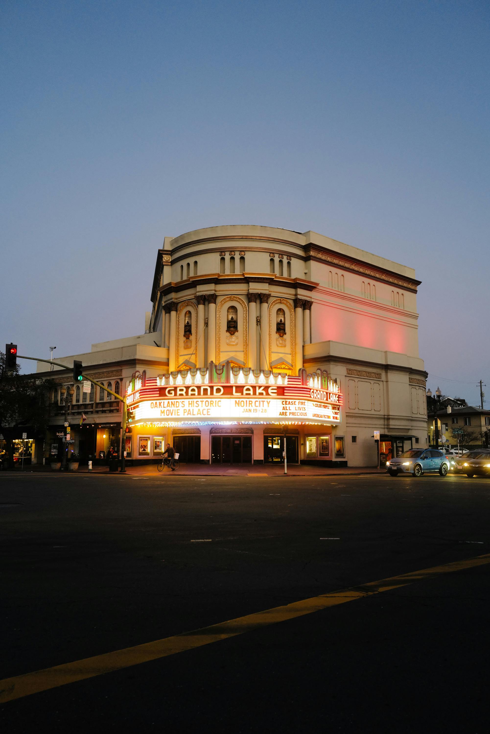 Free Capture of the Grand Lake Theater in Oakland with its illuminated marquee at twilight. Stock Photo