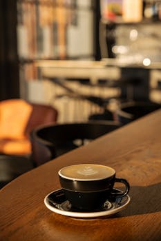 A black coffee cup on wooden table in sunlit café, perfect for relaxation.
