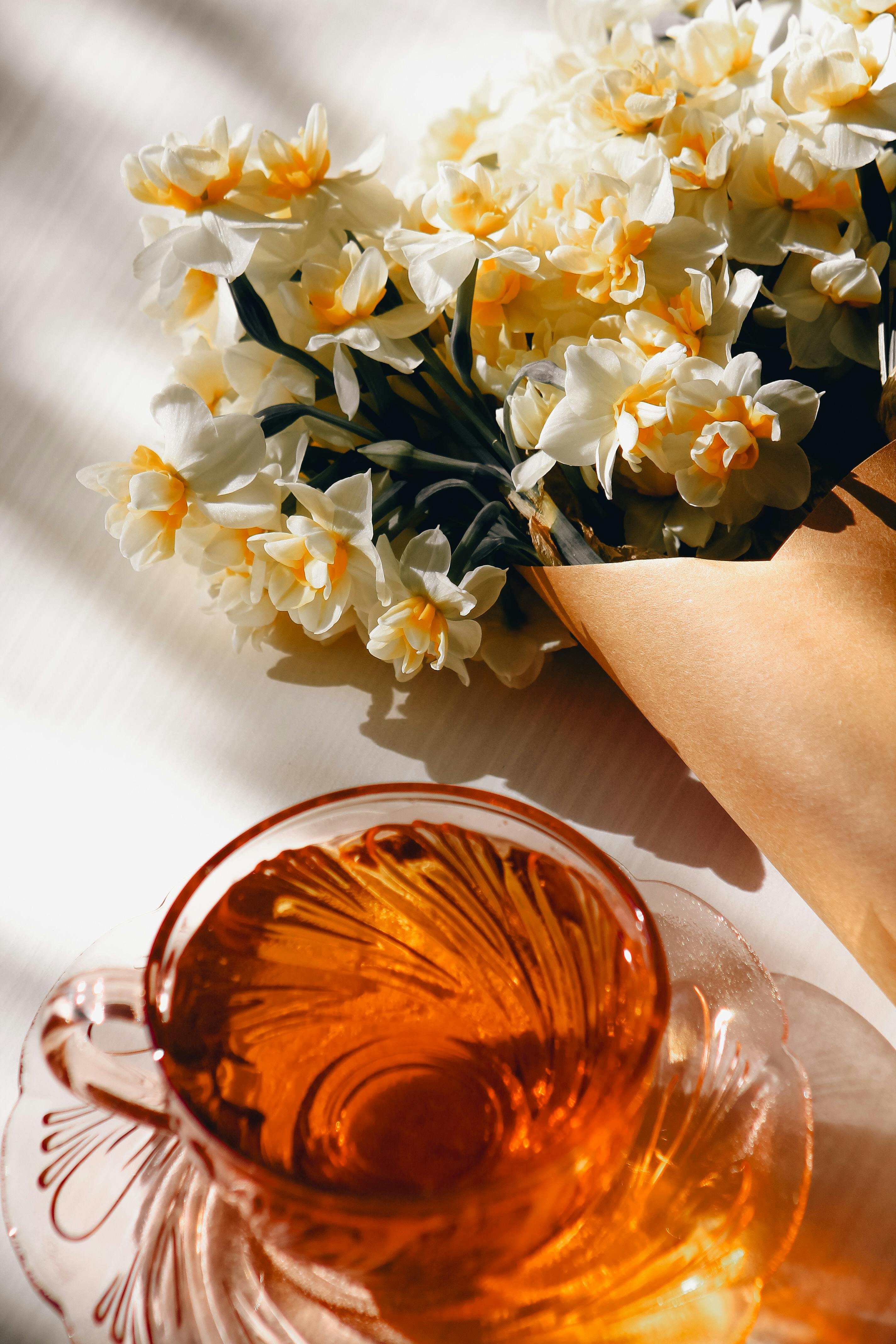 Free Charming still life of daffodils and a glass teacup glowing in warm sunlight. Stock Photo