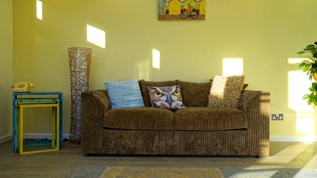 Comfortable living room with a brown sofa, colorful pillows, and artistic decor in natural sunlight.