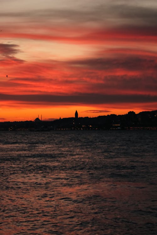 Cloud on Red Sky over Sea Coast in Istanbul at Sunset