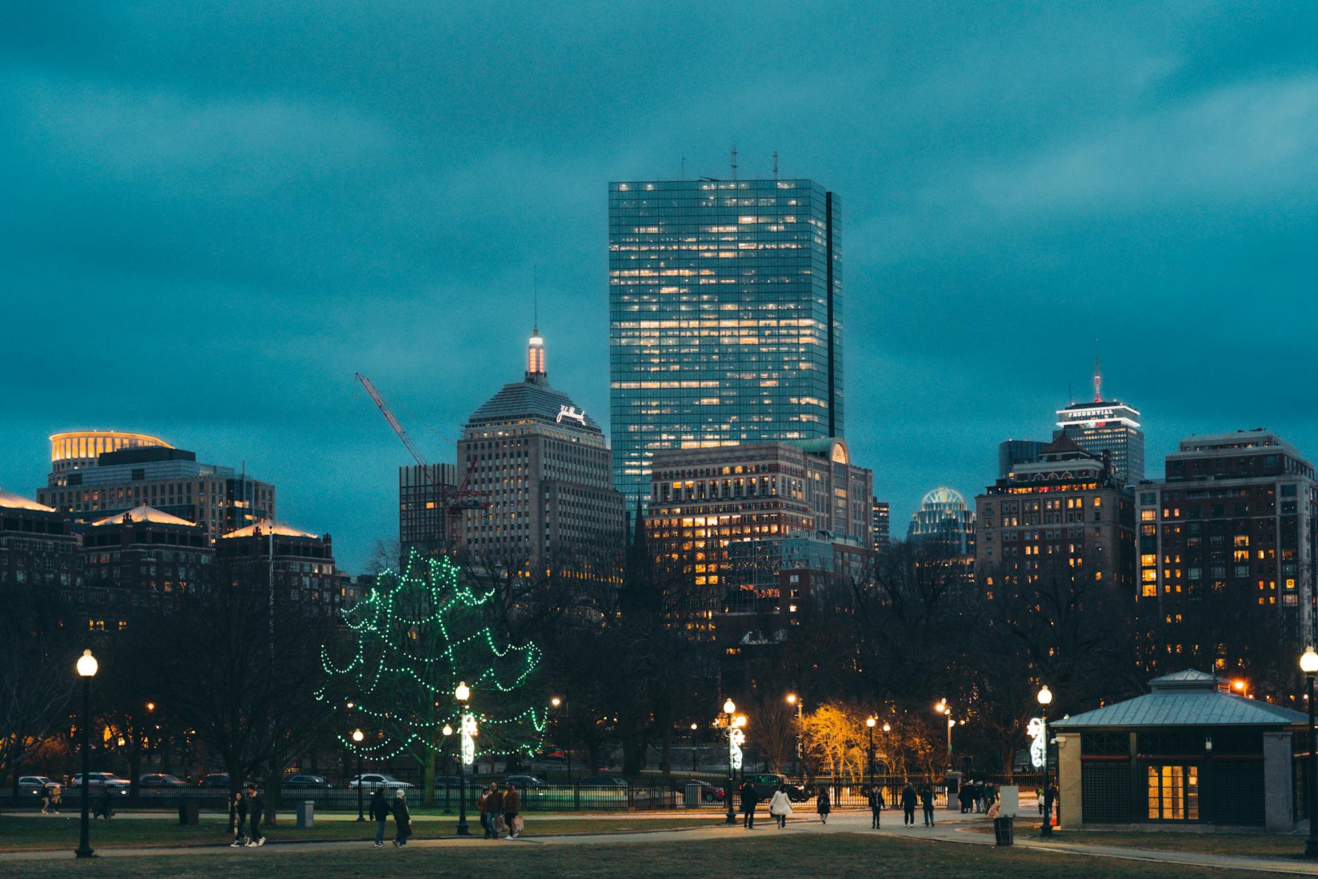 Buildings around Park in Boston at Christmas in Evening