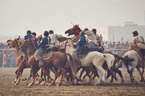 Free Dynamic scene of Buzkashi riders in action on a dusty field with cheering spectators. Stock Photo