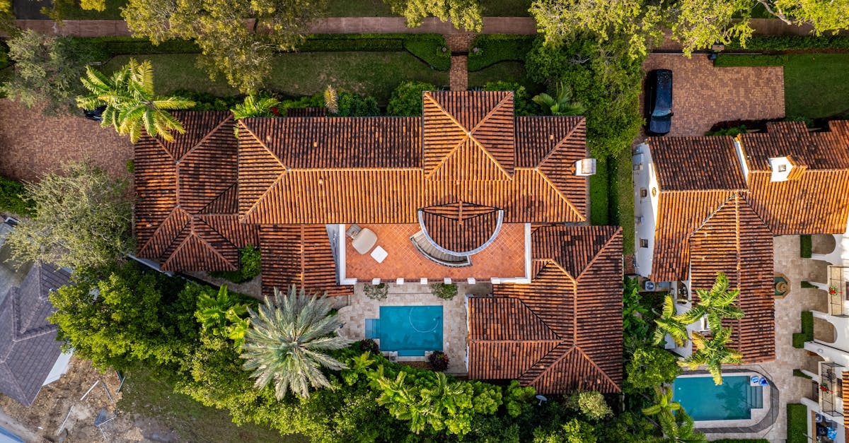Roofs of houses with pools
