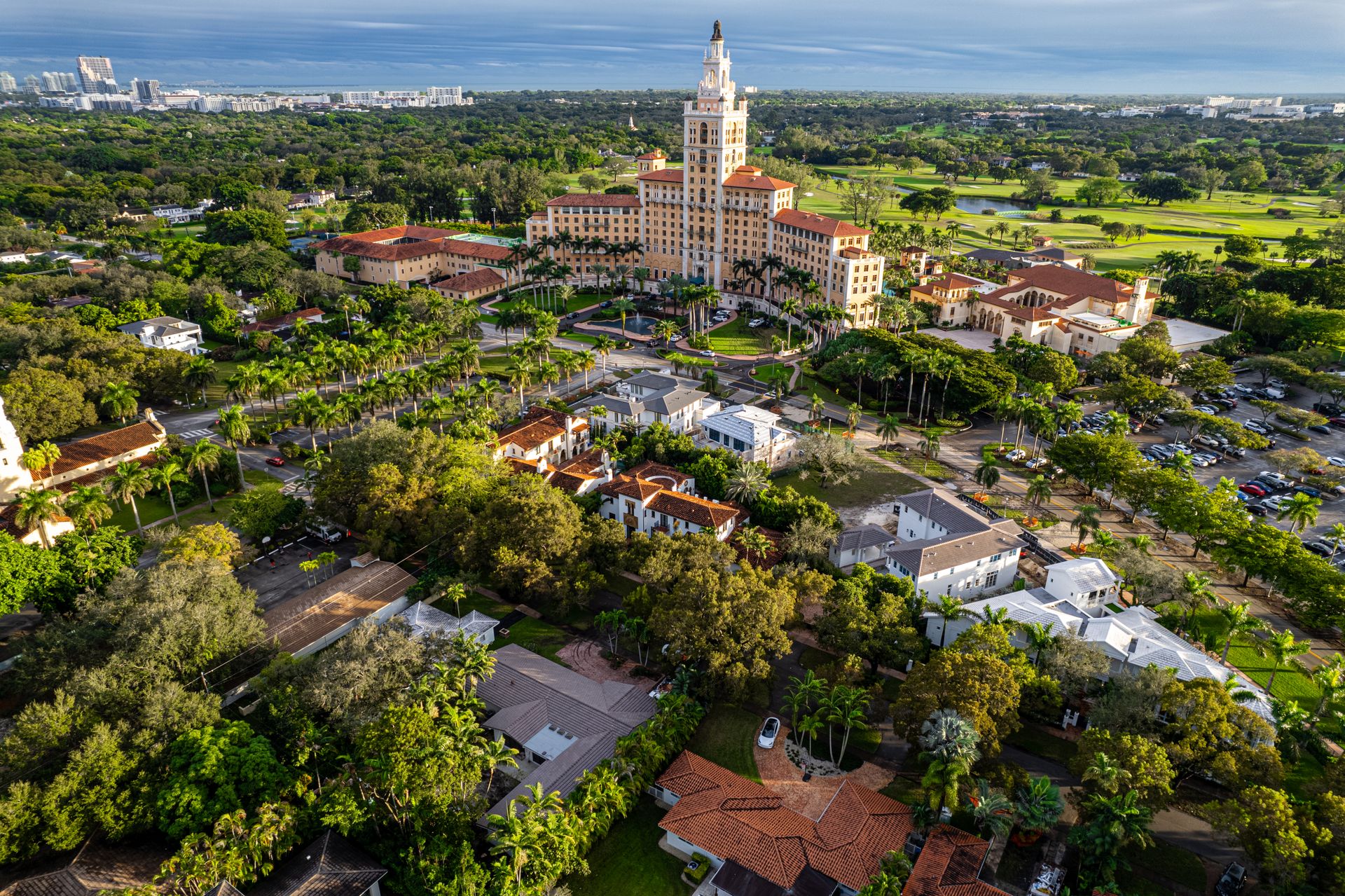 Aerial view of the Biltmore Hotel tower and grounds in Coral Gables, Miami