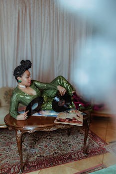 Stylish woman in a green dress holding vinyl records in a retro indoor setting