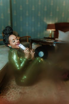 A stylish woman in green sparkly attire sings with a microphone, sitting on the floor indoors.