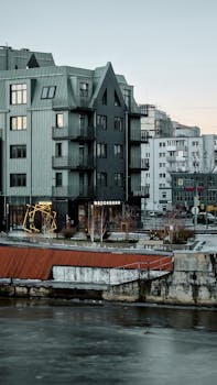 Contemporary architecture along the scenic river in Kaliningrad, Russia.