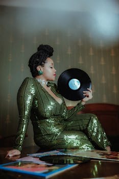 Stylish woman in a sparkling green outfit holds a vinyl record in a chic indoor setting.