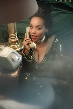 Glamorous woman in vintage setting, talking on a classic rotary phone indoors.