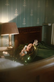 Stylish woman in a retro bedroom relaxing on a vintage bed with a classic telephone.