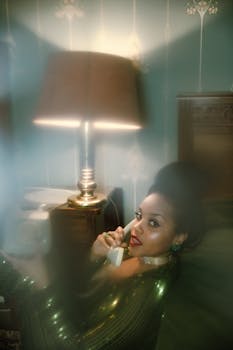 Elegant woman in green dress using retro telephone in vintage-style room with soft focus lighting.