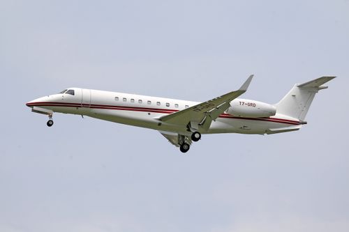 Free Side view of Embraer Legacy 600 business jet flying with landing gear down. Stock Photo