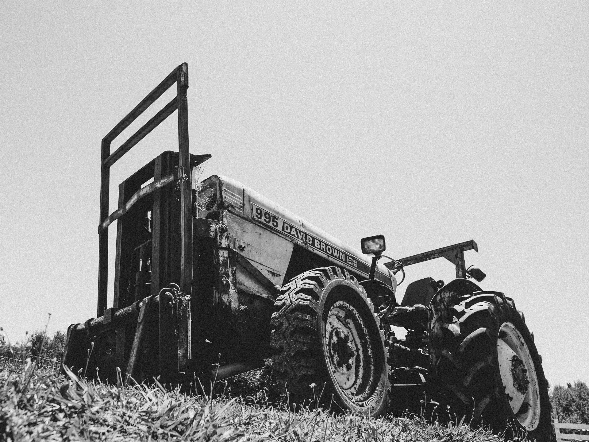 Monochrome image of a classic David Brown tractor in a field, reflecting rural life.