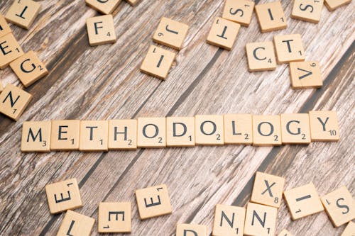The word methodology spelled out with scrabble tiles