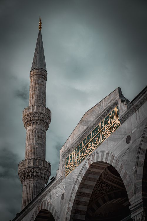 Free Low angle view of the Blue Mosque's minaret and facade in Istanbul, under an overcast sky. Stock Photo