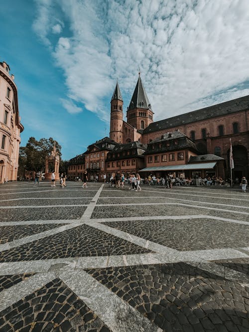 View of the Mainz Cathedral from the Town Square in Mainz, Germany 
