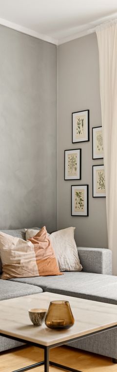 Grey sofa and framed botanical prints in the town house living room — photo by Lisa Anna on Pexels