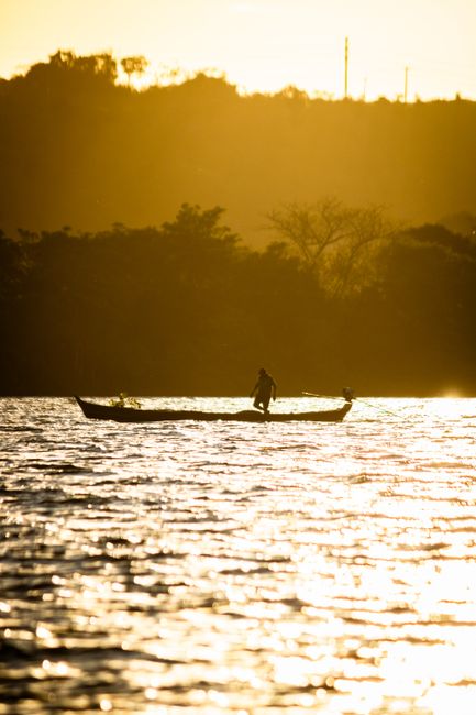 Fotomural Un pescador solitario se encuentra en un barco, silueteado contra un atardecer dorado sobre el lago.