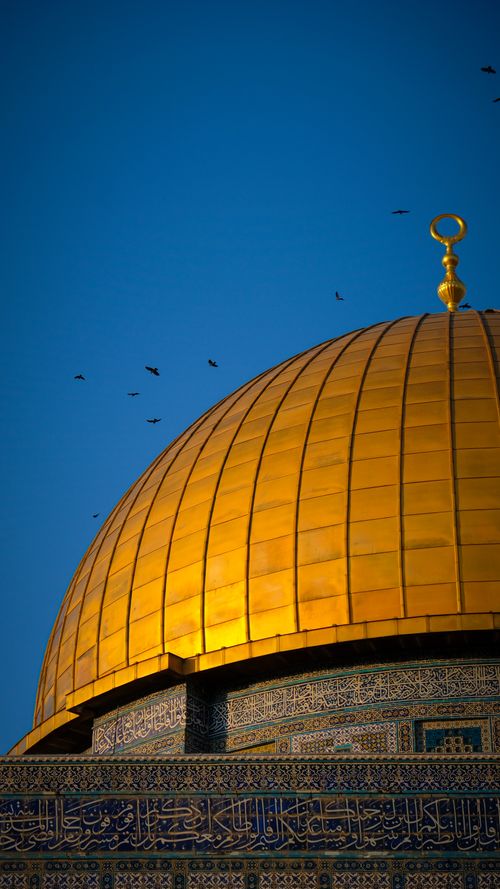 Free Captivating shot of the Dome of the Rock's golden dome with a clear blue sky and birds in flight. Stock Photo