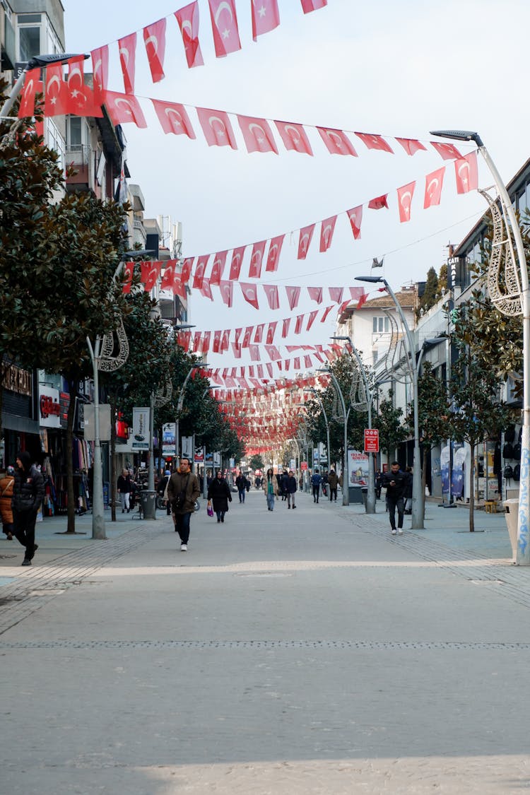 Flags Of Turkey Over Alley In City