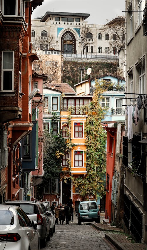 View of Colorful Houses and a Narrow Alley in Balat, Fatih, Istanbul, Turkey