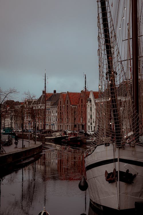View of Boats Moored on the Side of the Canal in Groningen, Netherlands 
