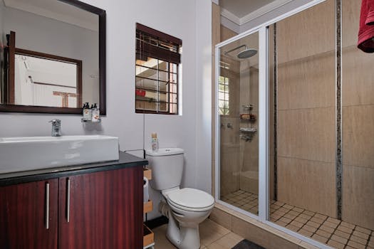 A contemporary bathroom in Pretoria featuring a shower, toilet, and sleek sink setup.