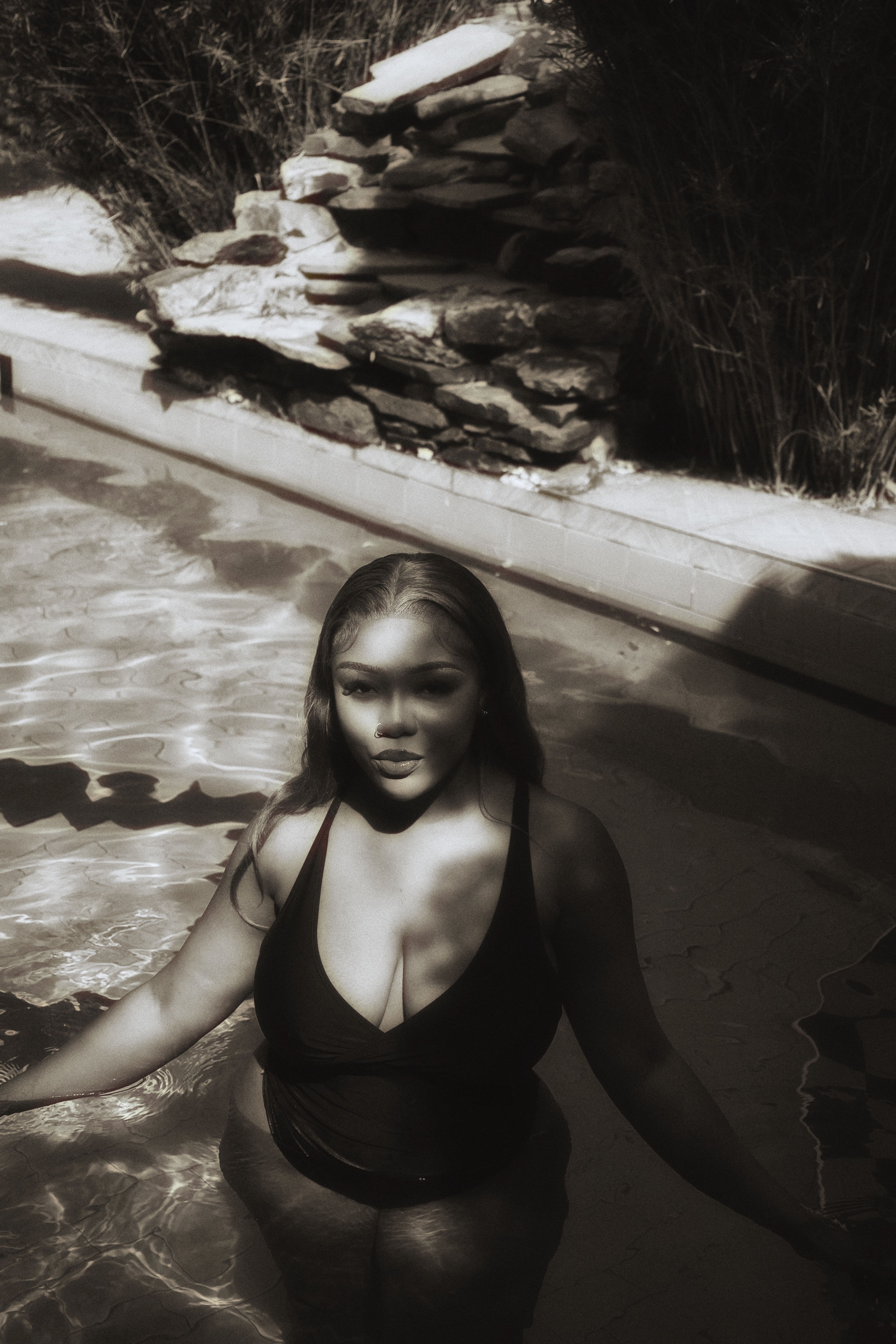 Woman Posing in Swimsuit in Black and White · Free Stock Photo