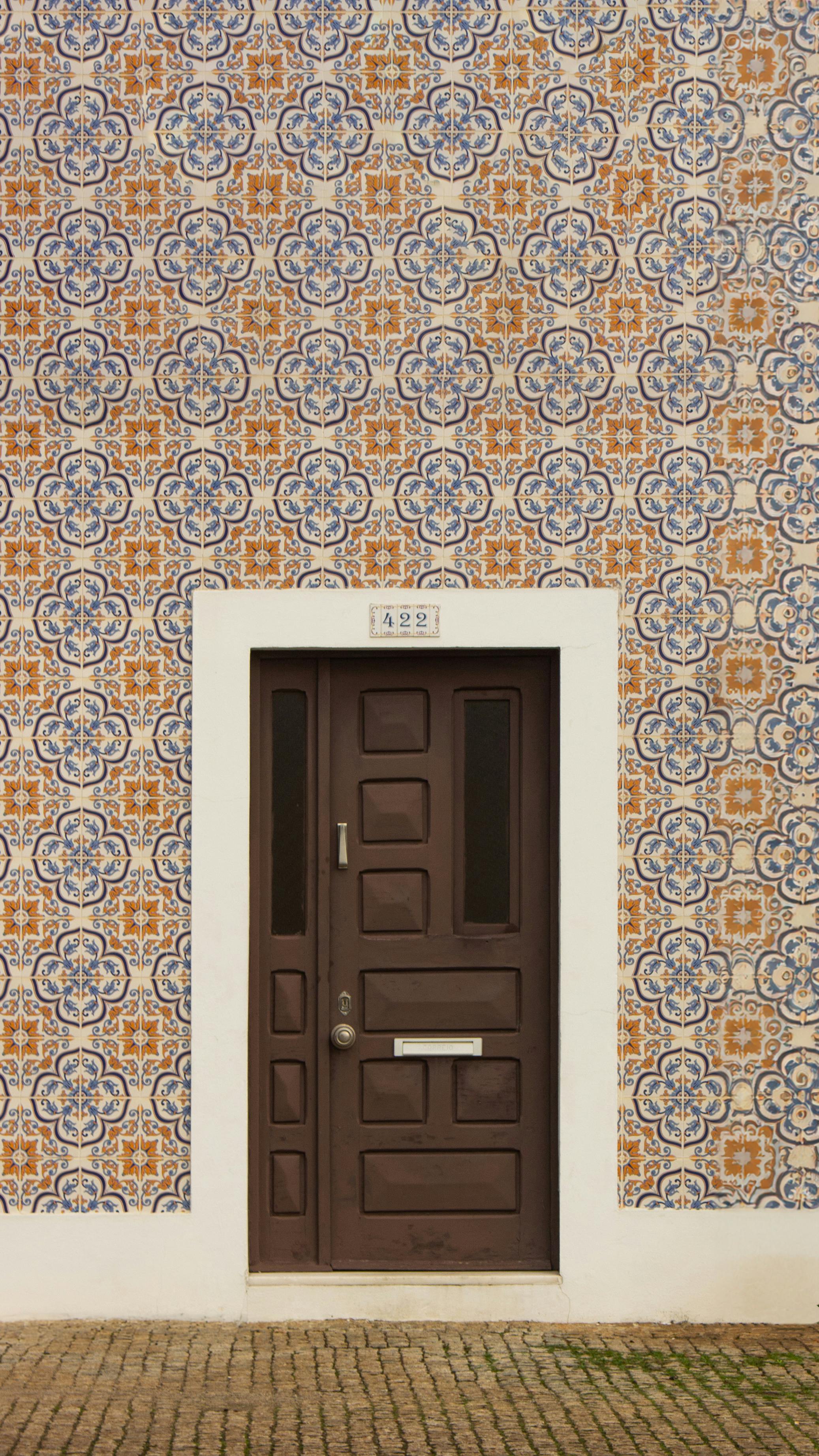 Elegant ornate door set against a decorative Portuguese tile wall in Porto. Vibrant and cultural.