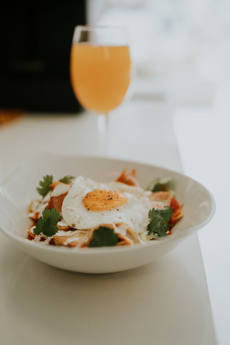 Fried Egg In White Bowl For Breakfast