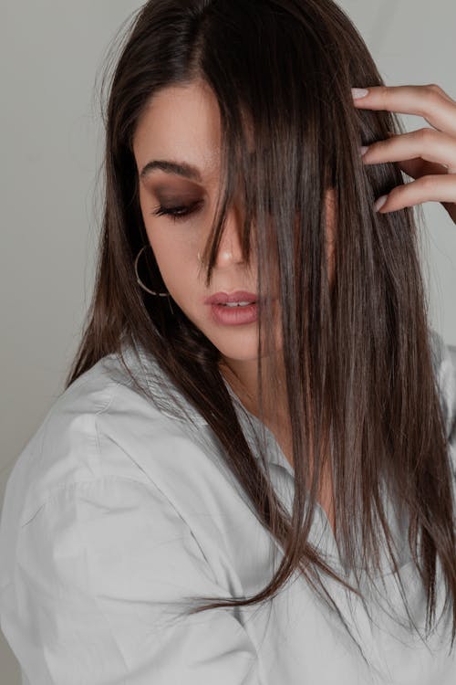 Closeup of a Woman With Dark Straight Hair