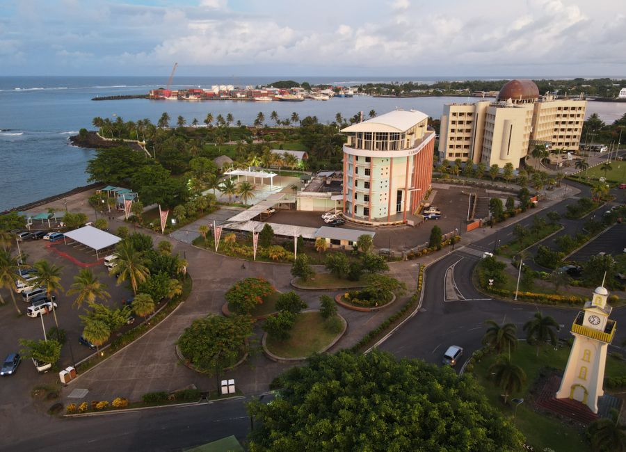Stunning aerial view of Apia, Samoa featuring coastal cityscape and landmarks.