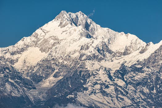 Majestic snow-covered mountain peak basking in sunlight against a clear blue sky.