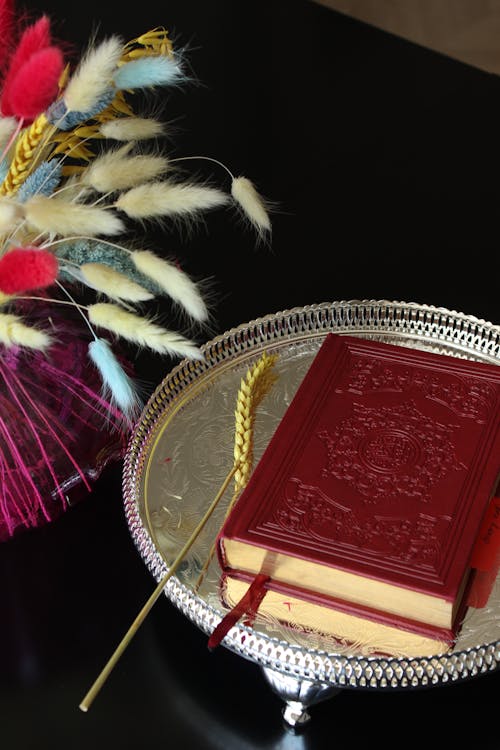 Free A red book on a tray with a feather Stock Photo