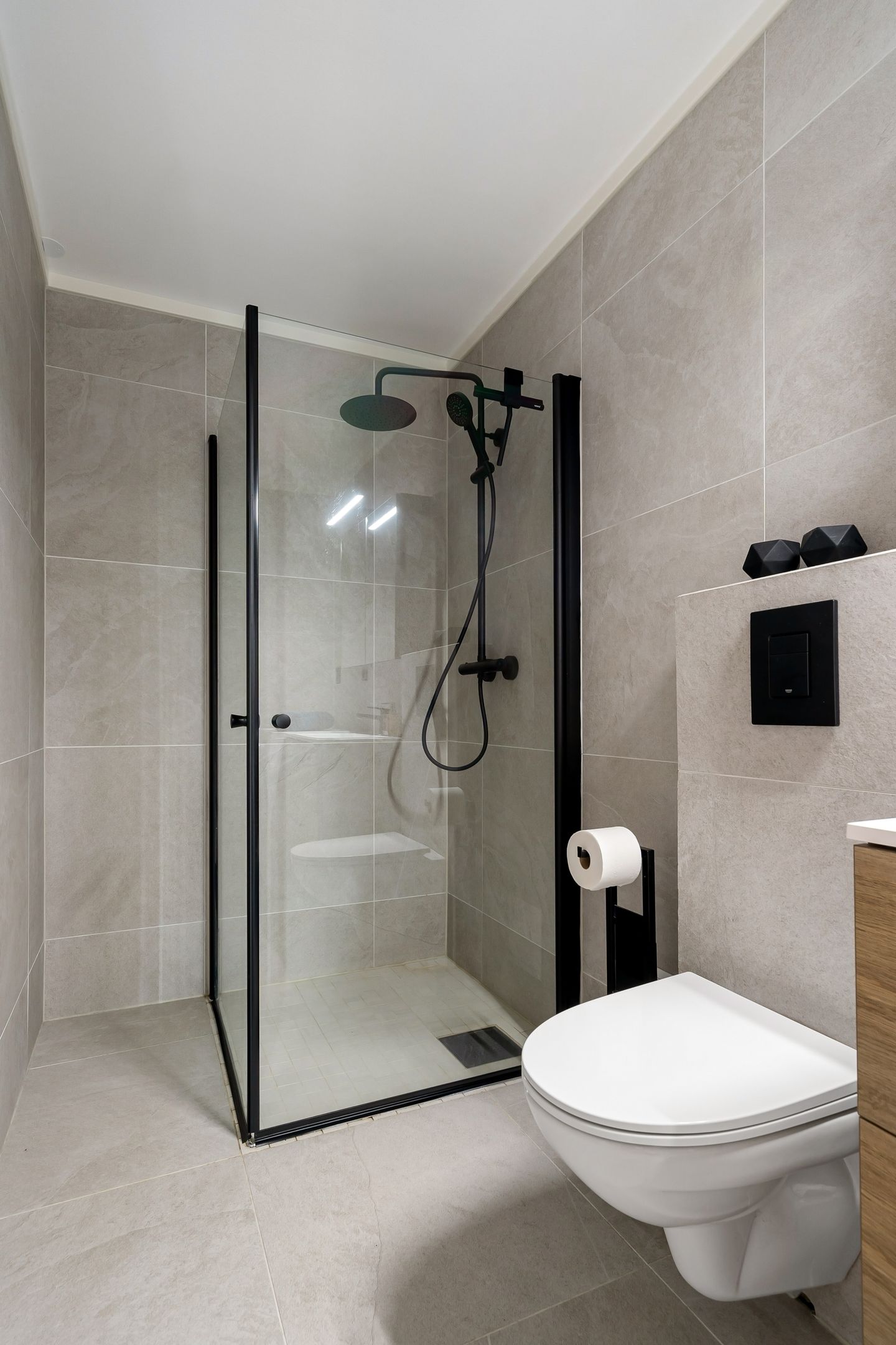 Frameless shower enclosure in toughened glass.