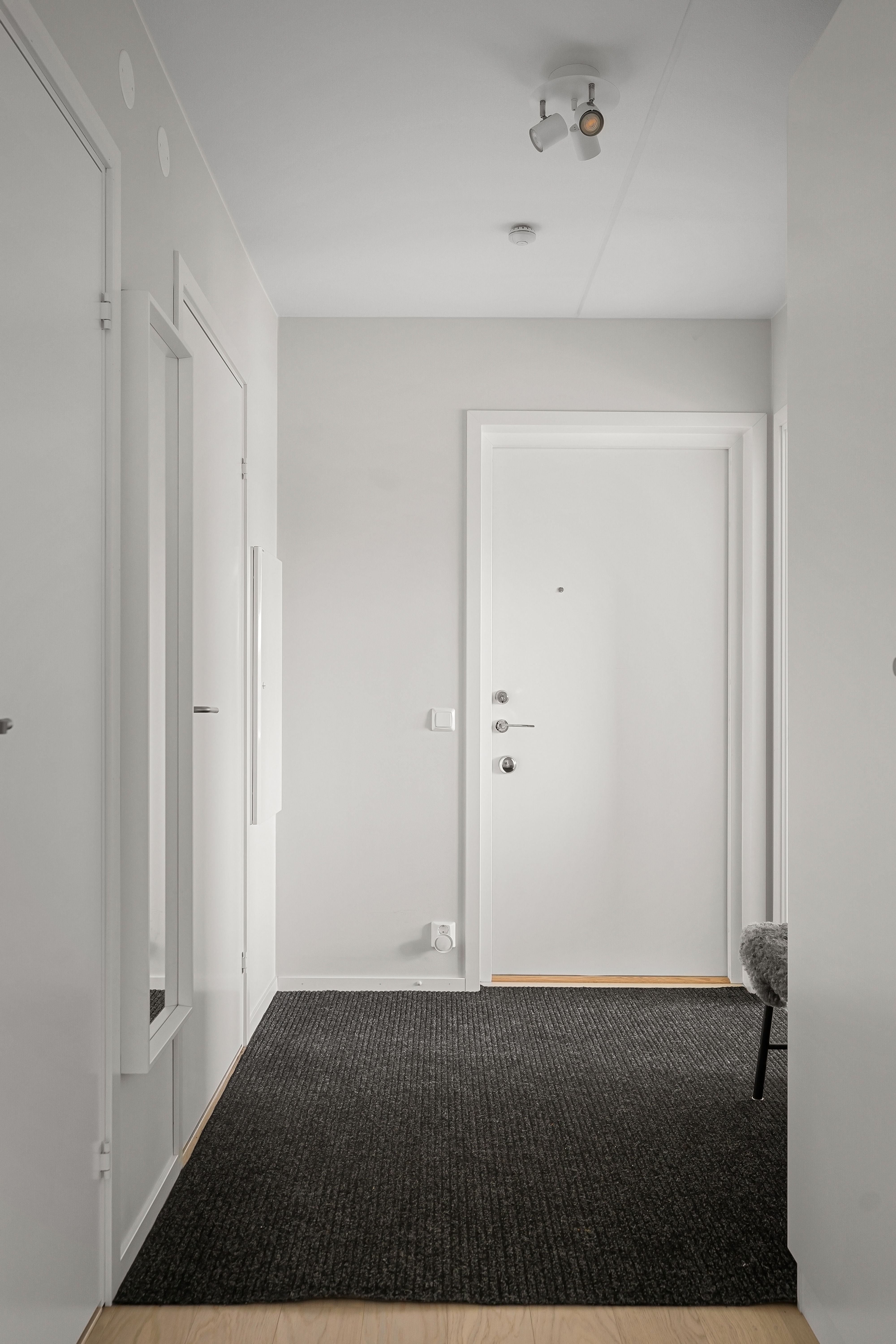 Simple and elegant hallway with white walls and modern decor elements.