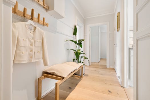 Bright minimalist hallway featuring wooden furniture and a stylish coat rack.