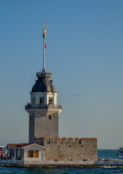 View of the Maidens Tower on the Bosphorus Strait in Istanbul, Turkey 