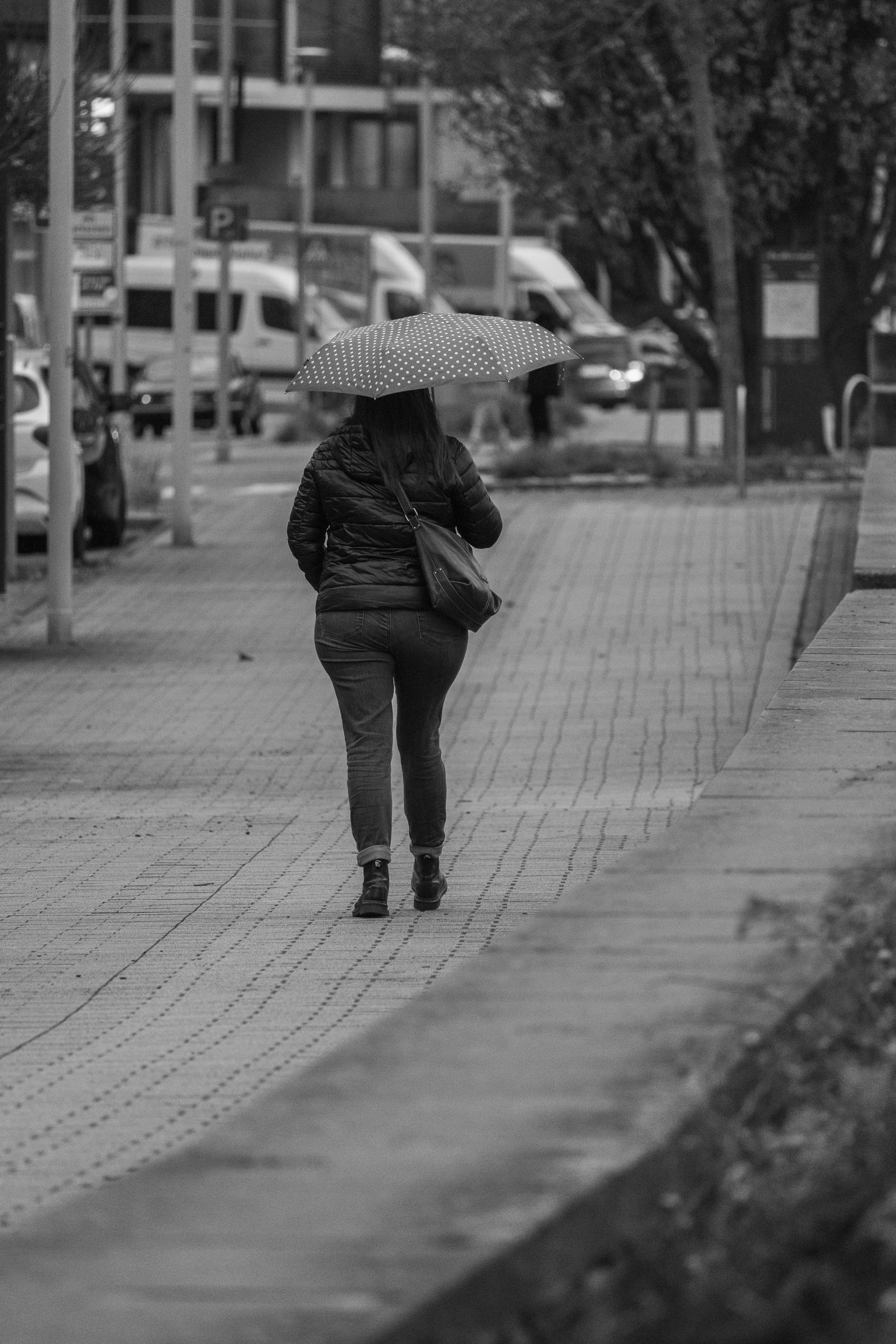 Woman in Jacket Walking with Umbrella in Black and White · Free Stock Photo