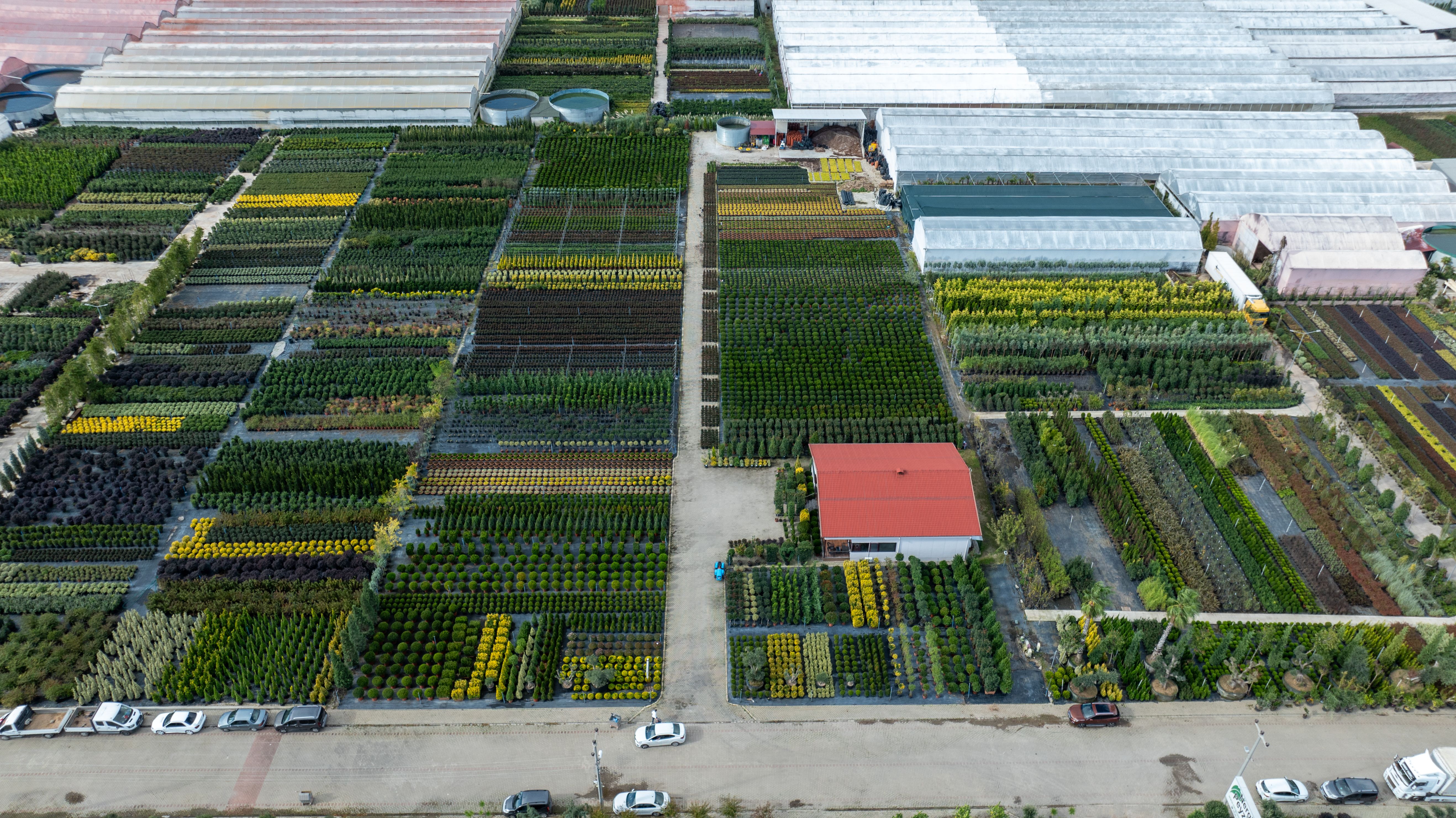 Drone shot of greenhouses and agricultural fields in Yalova, Turkey.