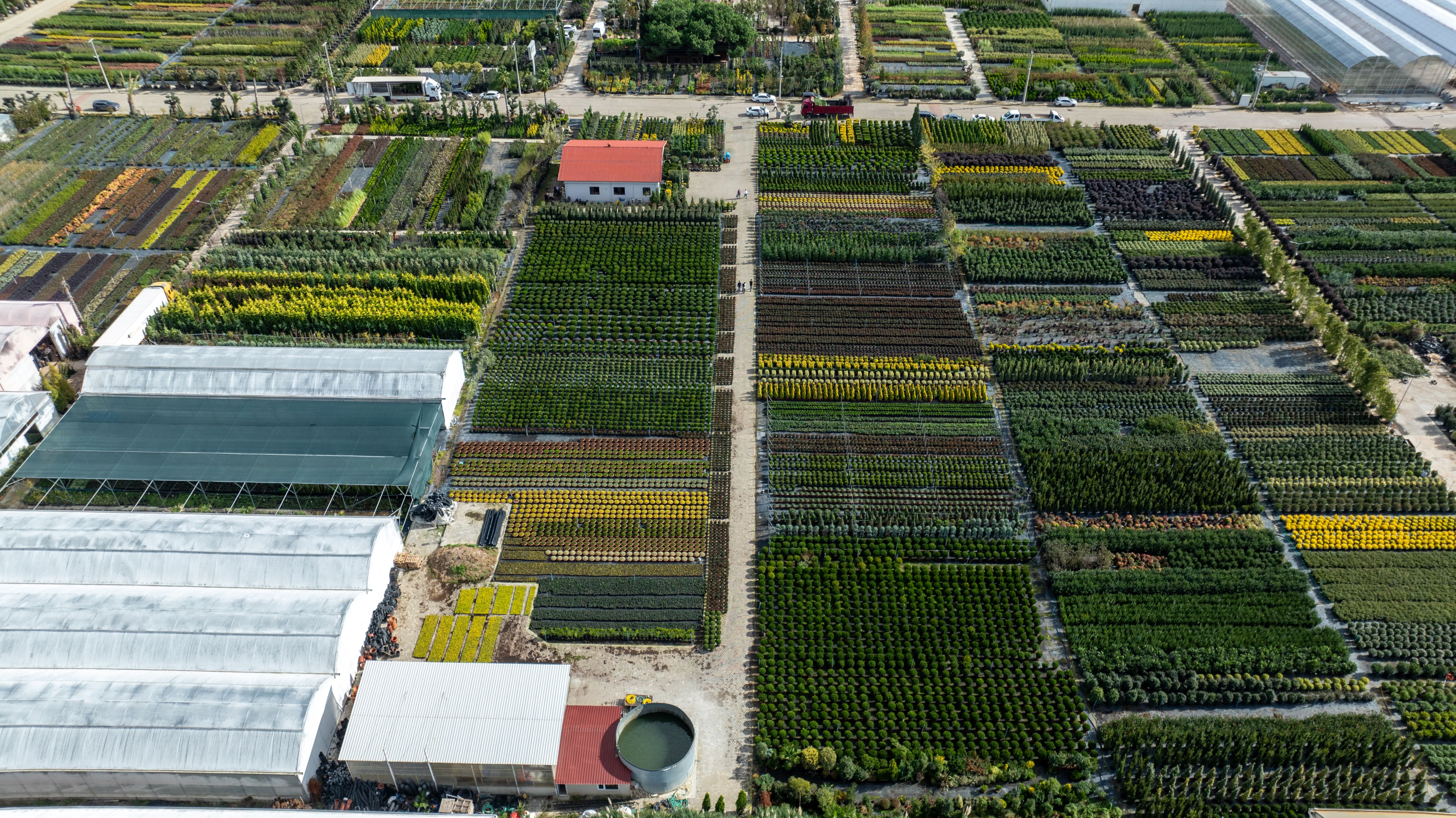 An aerial view of a large garden with many different types of plants